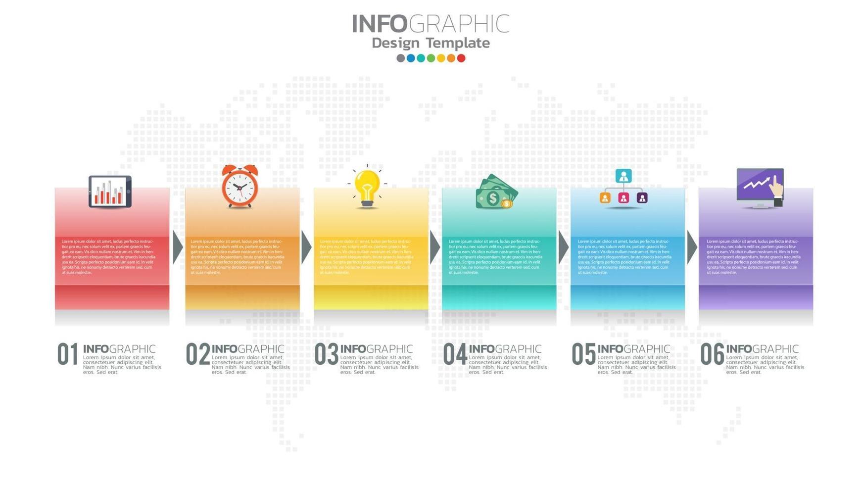 Infographics with 6 options of 3d cubes and icons of charts and setting vector