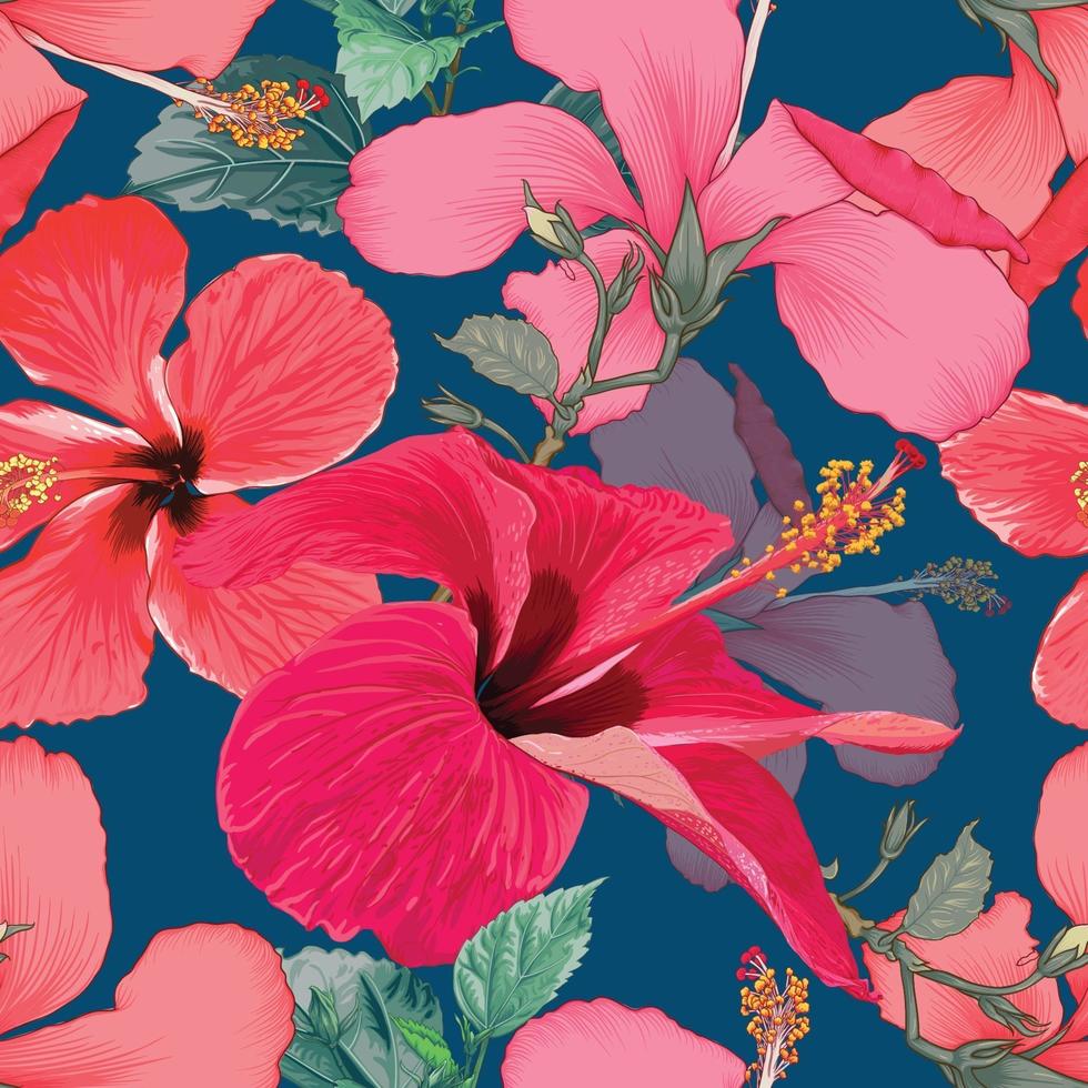 Seamless pattern tropical summer with red Hibiscus flowers on isolated dark blue background. Vector illustration hand drawing dry watercolor style. For fabric design.