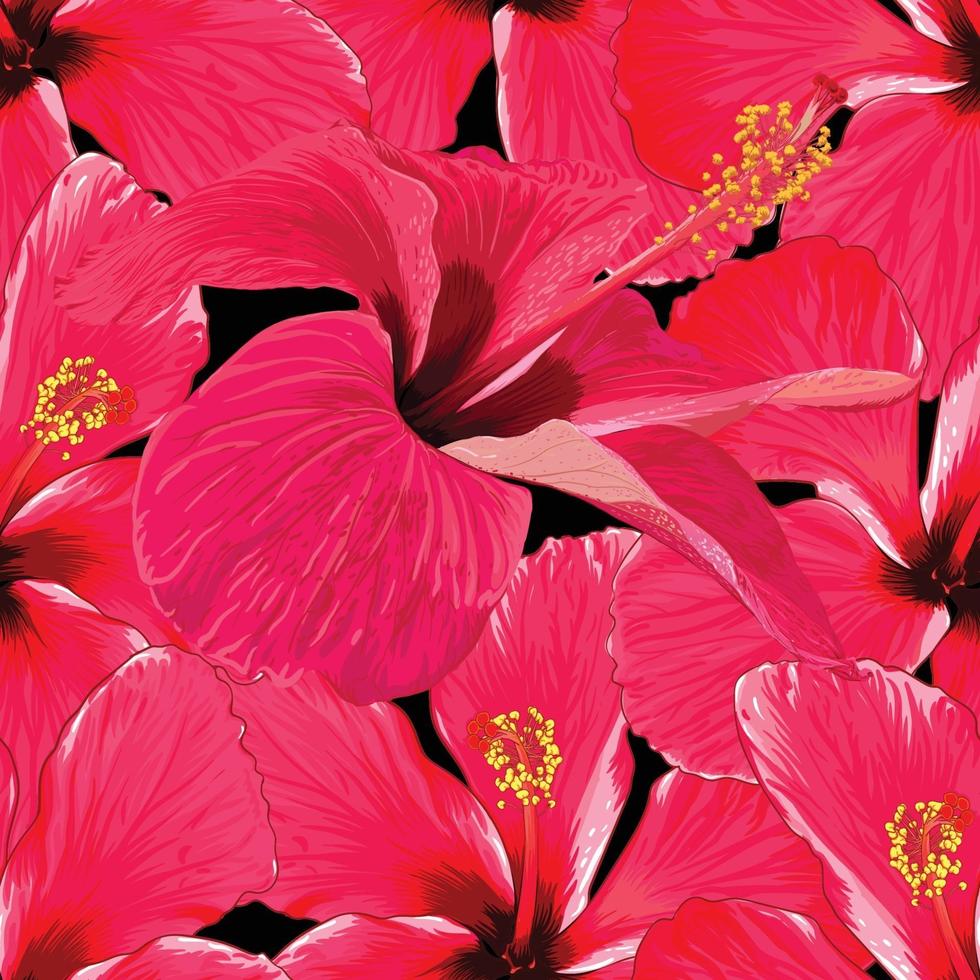 Seamless pattern tropical summer with red Hibiscus flowers abstract black background. Vector illustration hand drawing watercolor style. For fabric design.