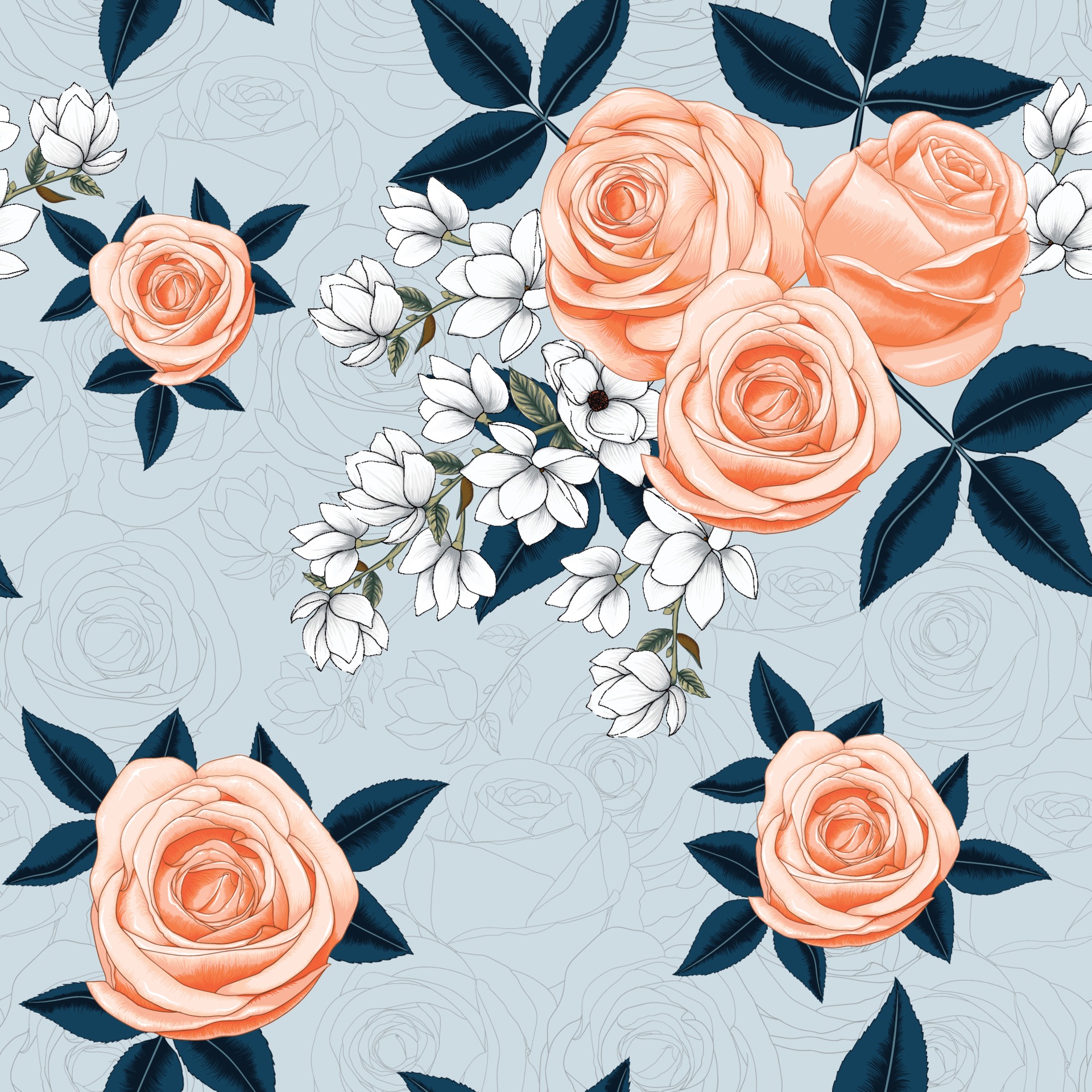 Seamless Pattern Beautiful Pink Rose And White Magnolia Flowers On Abstract Background Vector Illustration Dry Watercolor Hand Drawing Line Art Style 1984131 Download Free Vectors Clipart Graphics Vector Art It has been drawn with precision and care which resembles a well blossomed pink rose with elegant green leaves and a stem. seamless pattern beautiful pink rose