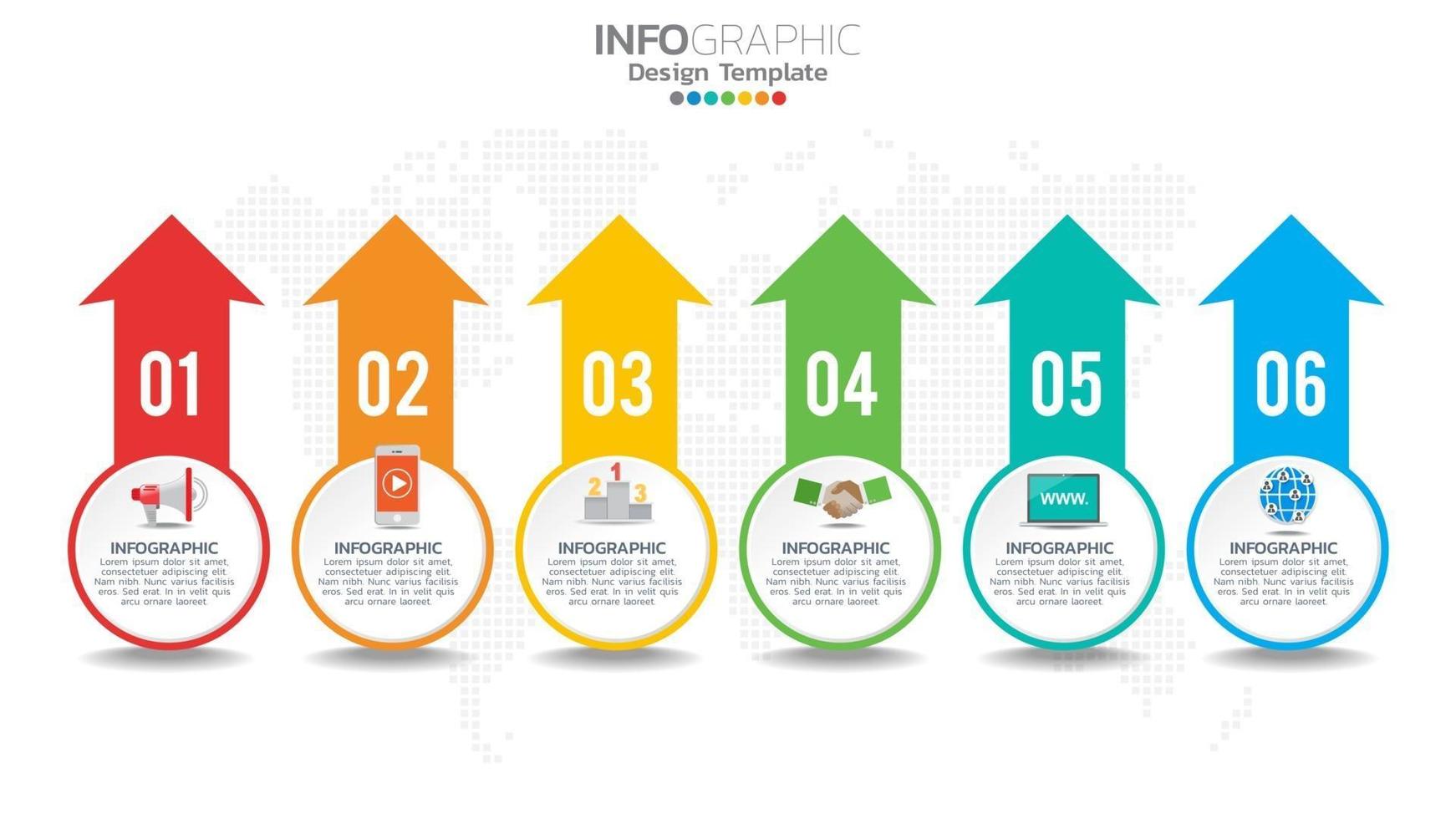 infografía elemento de color de 6 pasos con flecha, diagrama de gráfico, concepto de marketing online empresarial. vector