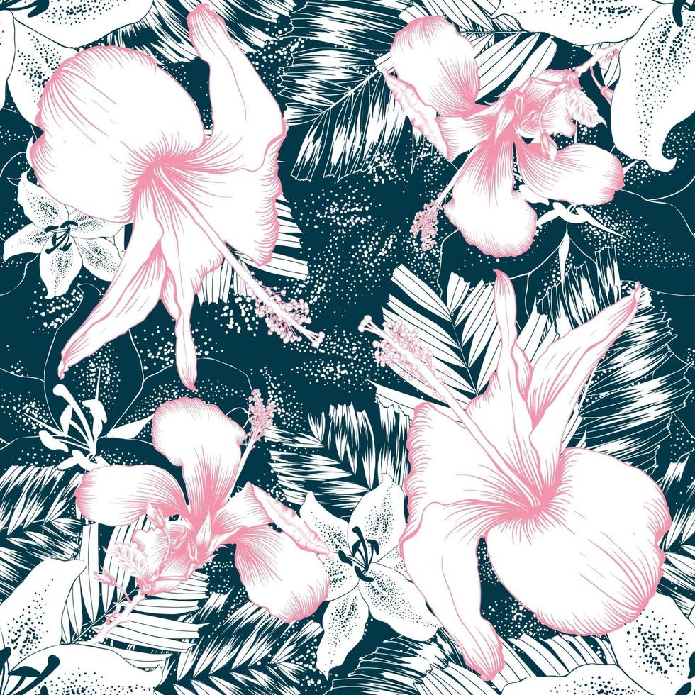 Seamless pattern pink hibiscus and white lily flowers and palm leaves on dark green background. Vector illustration line art drawing.