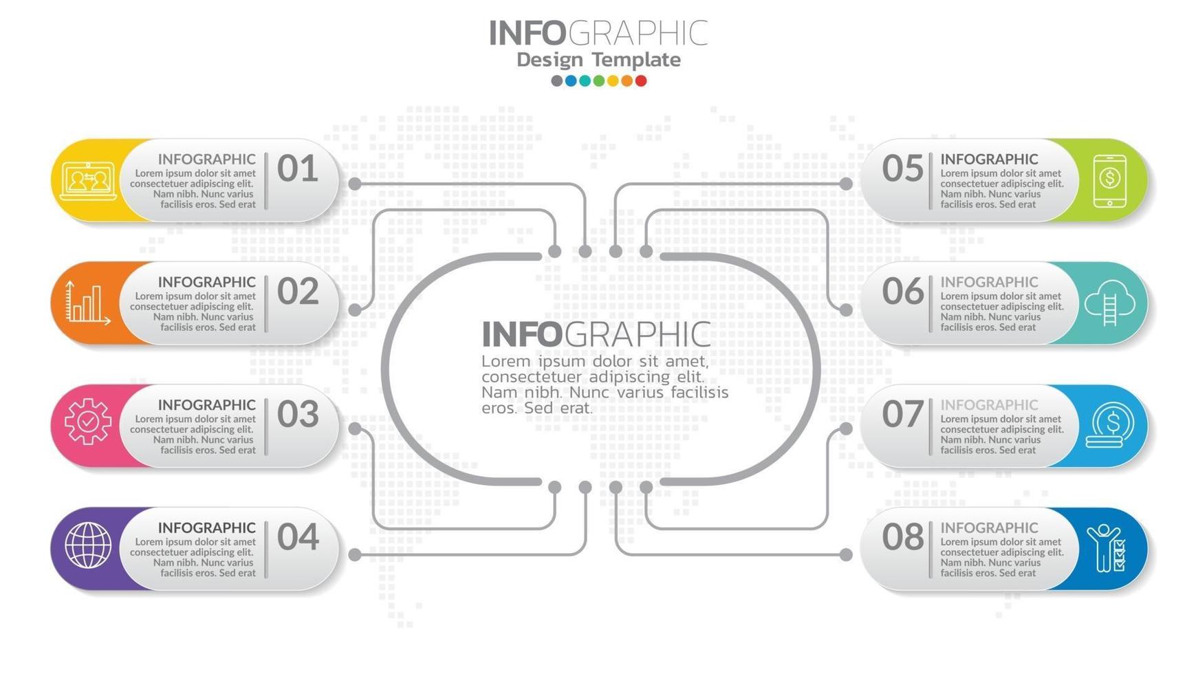 infografía 8 elemento con círculo central. Diagrama de gráfico gráfico, diseño gráfico de línea de tiempo empresarial con iconos. vector