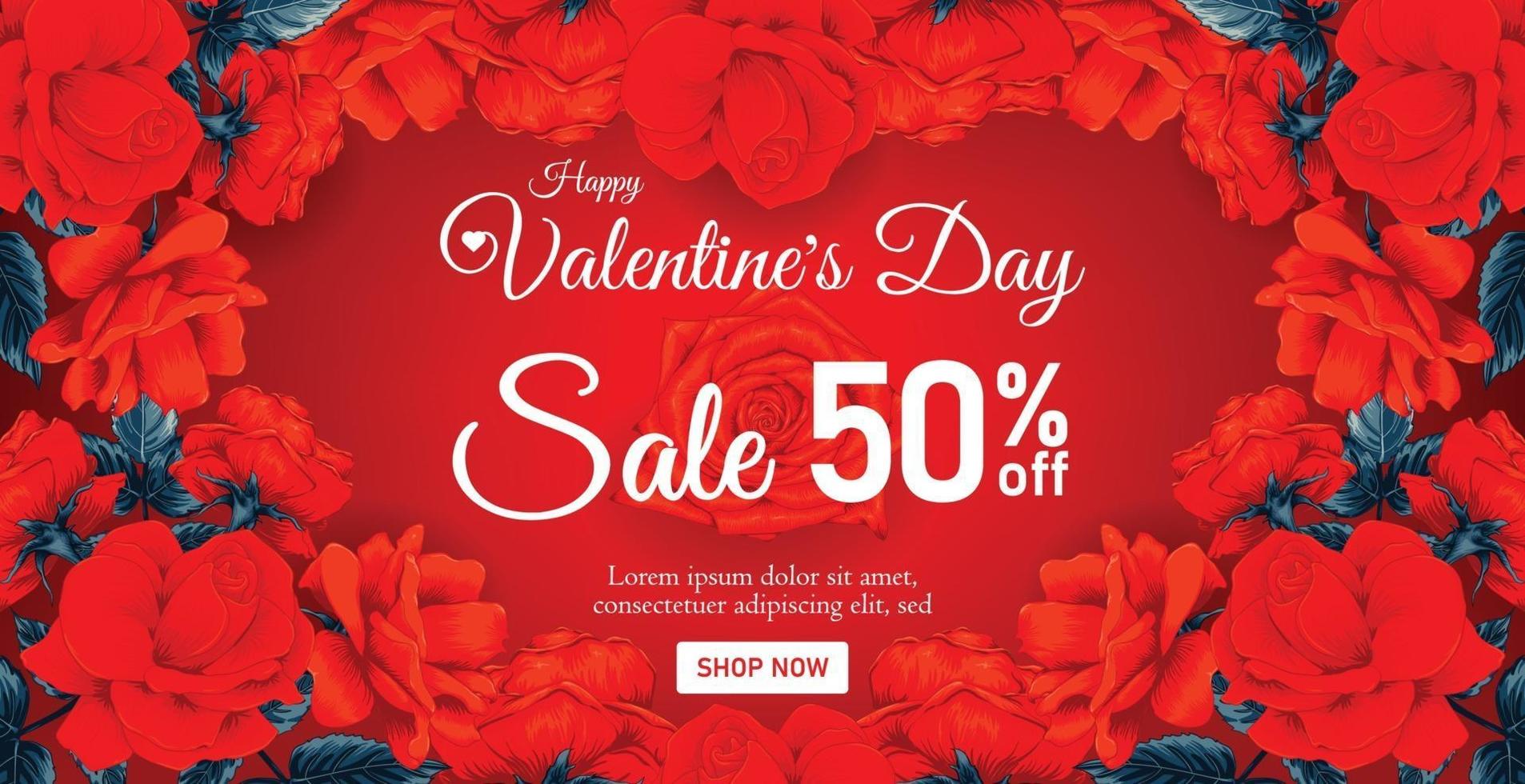 Precioso cartel de venta de feliz día de San Valentín o cartel con flores de rosas rojas. dibujado a mano ilustración vectorial. vector