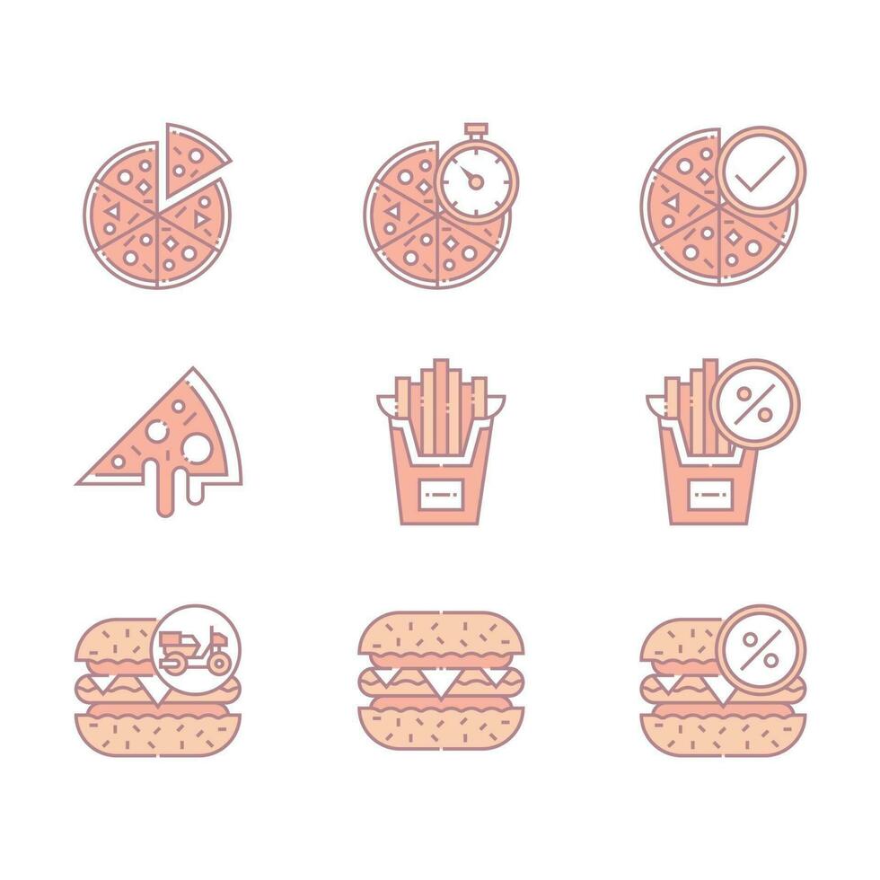 coloridos iconos de comida rápida y pizza vector