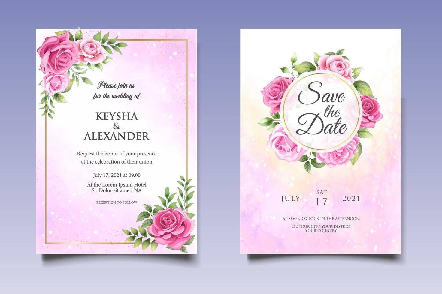 tarjeta de invitación de boda con hermosas flores y hojas vector