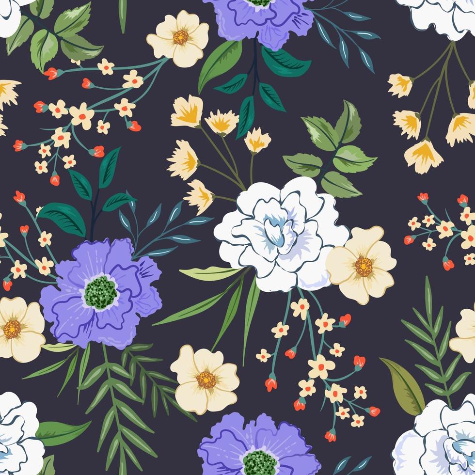 Colorful seamless pattern with botanical floral design on dark background. vector