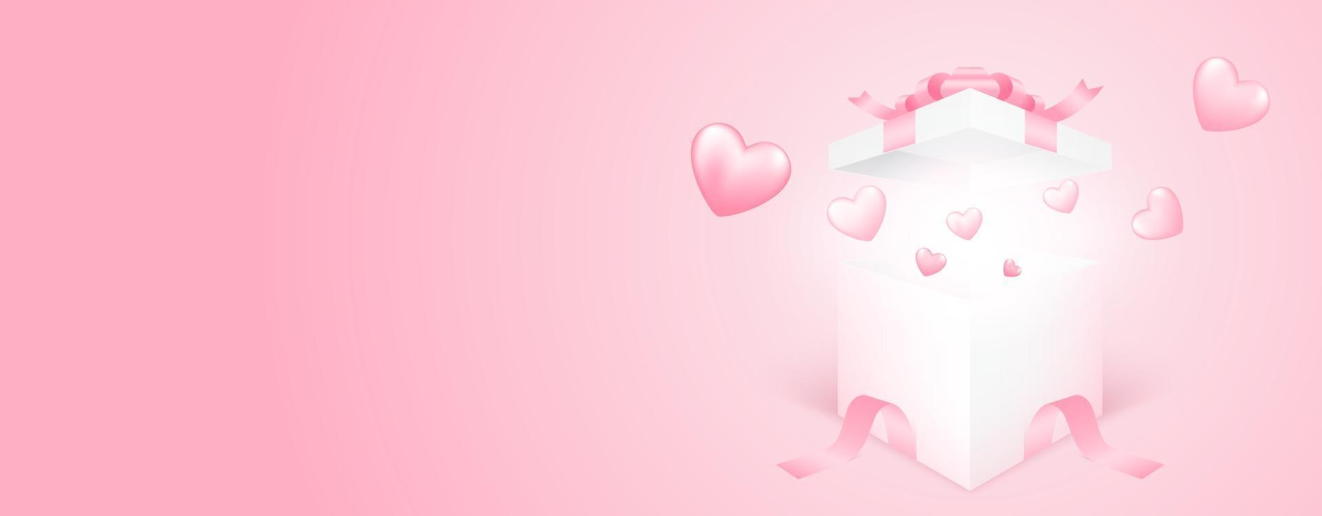 Caja de regalo 3d con corazón volando sobre fondo rosa banner. diseño de concepto de amor para el día de la madre feliz, día de san valentín, día de cumpleaños. Ilustración de arte en papel. vector