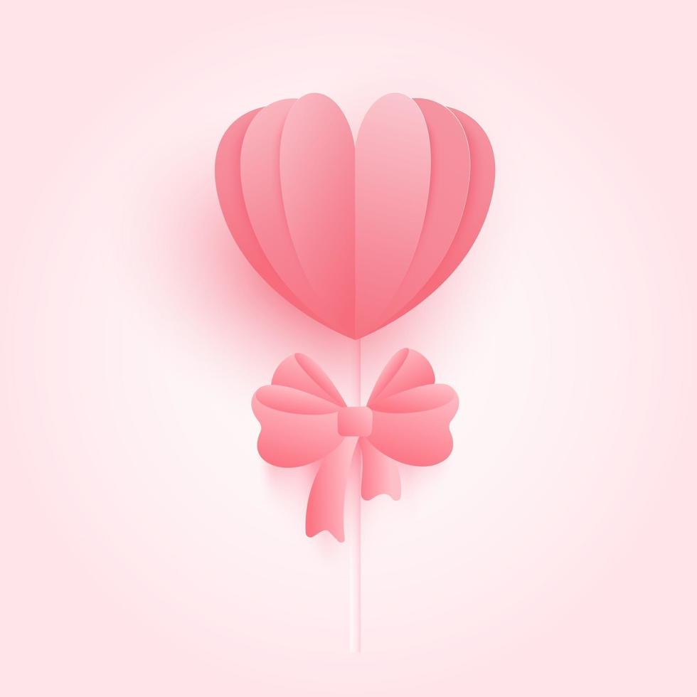 Web3D origami heart with pink ribbon Bow background. Love concept for happy mother's day, valentine's day, birthday day. vector paper art illustration.