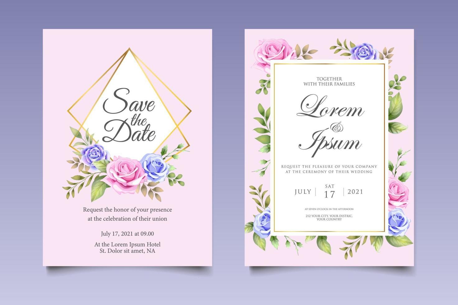 tarjeta de invitación de boda con hermosas flores y hojas vector