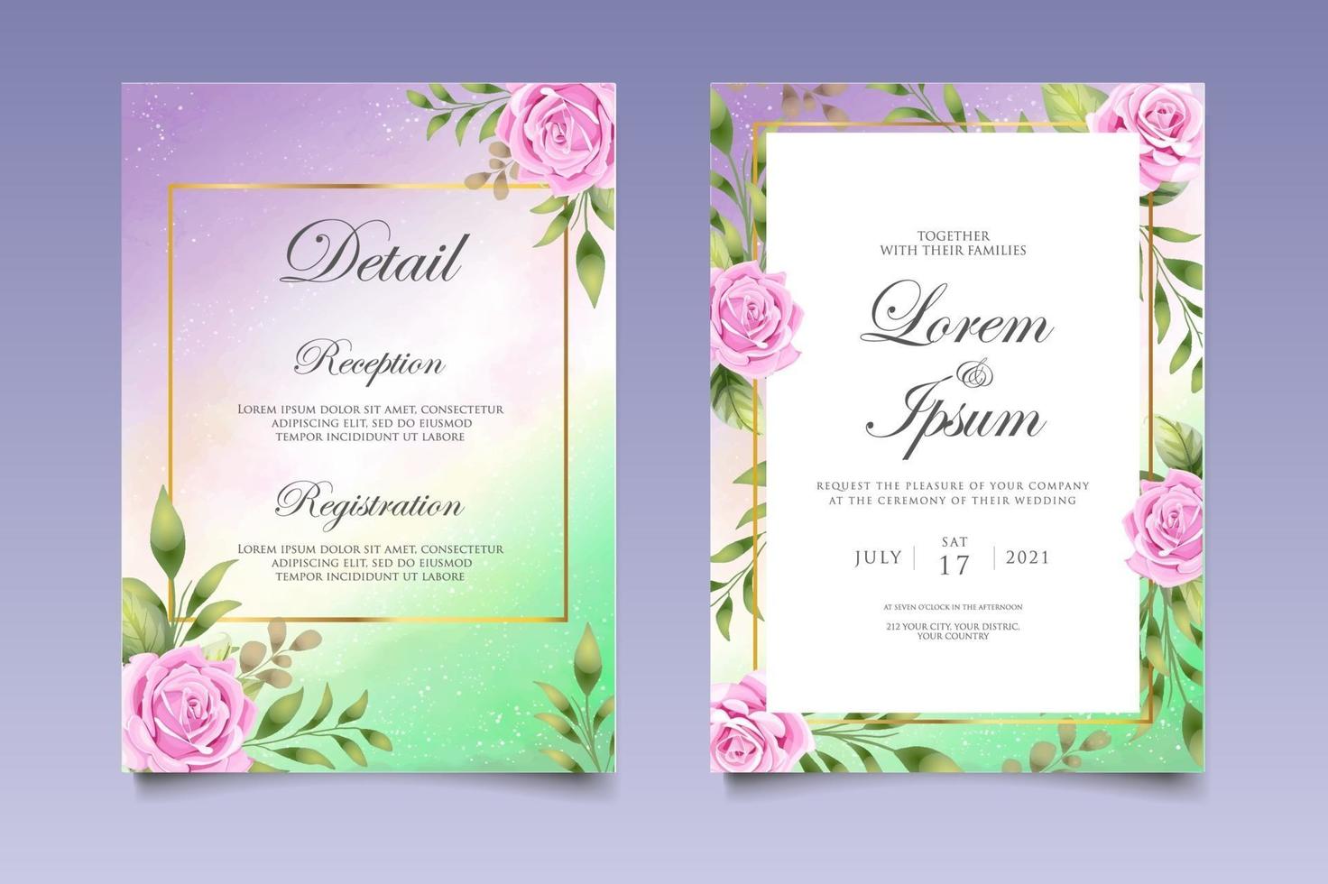 Wedding invitation card with beautiful flowers and leaves vector