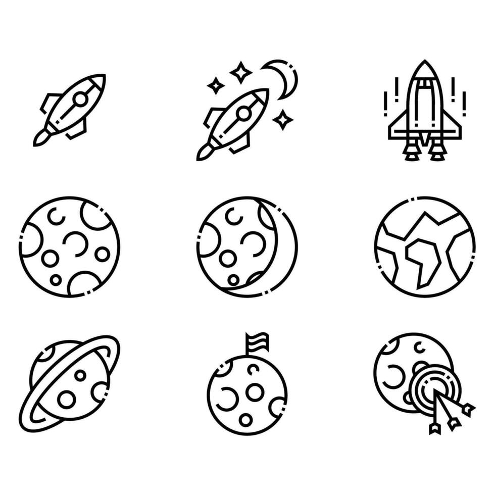 planetas espaciales y cohetes iconos vector