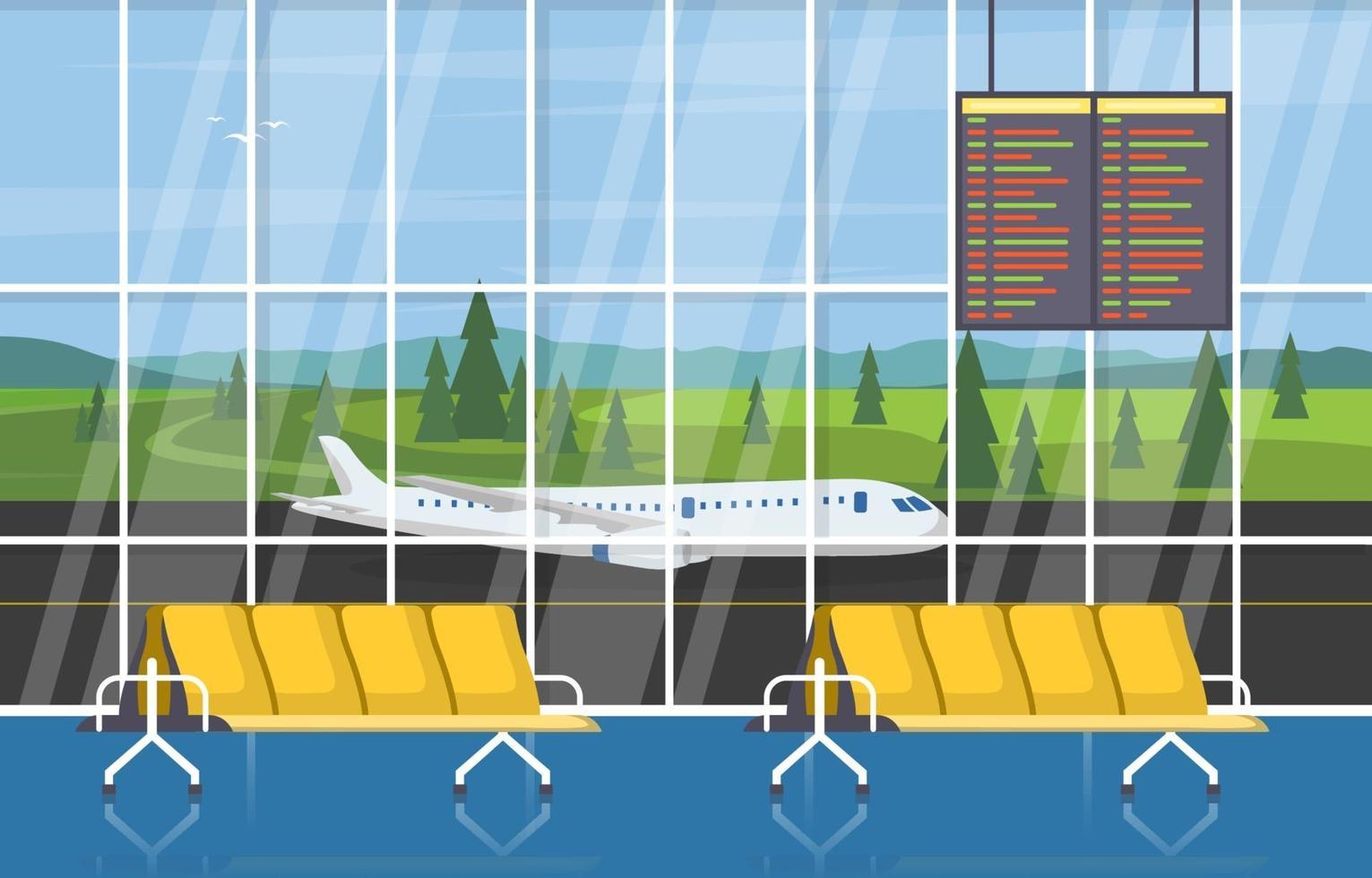 aeropuerto, avión, terminal, puerta, sala de espera, pasillo, interior, plano, ilustración vector