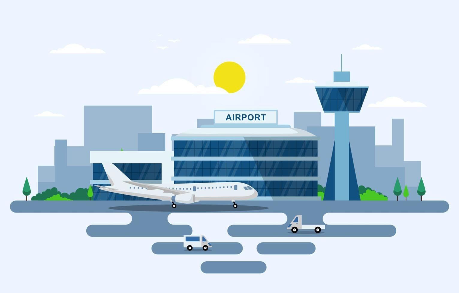 avión avión en la pista del aeropuerto edificio terminal paisaje horizonte ilustración vector