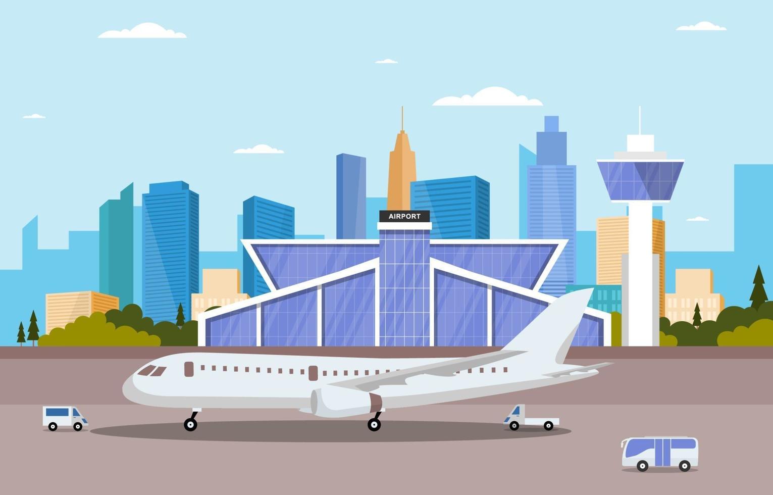 avión avión en la pista del aeropuerto edificio terminal paisaje horizonte ilustración vector