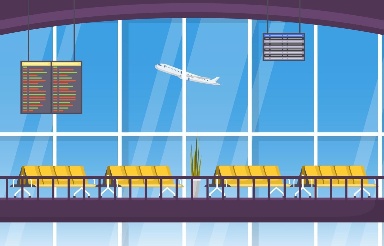 aeropuerto, avión, terminal, puerta, sala de espera, pasillo, interior, plano, ilustración vector