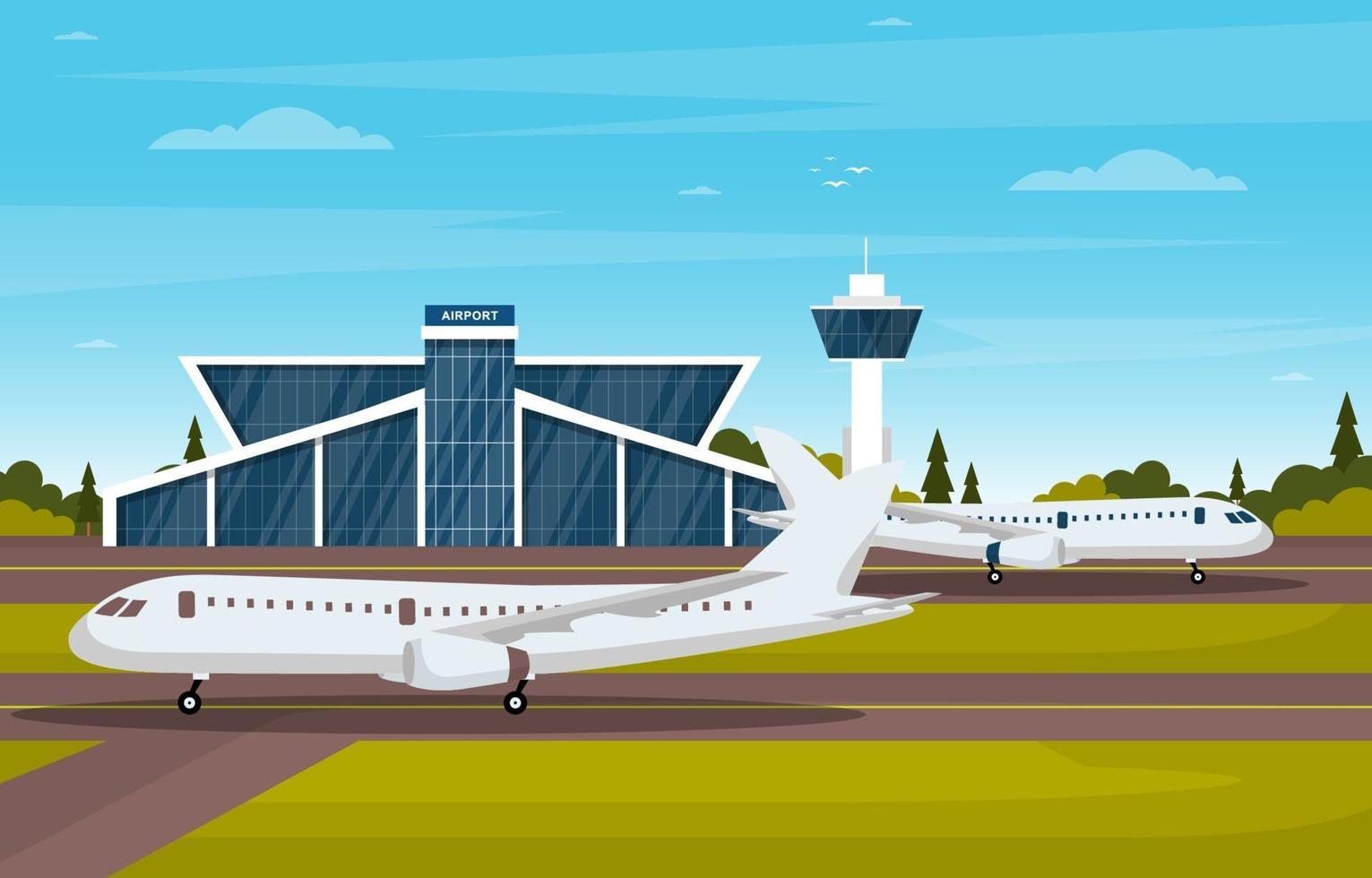 avión avión en la pista del aeropuerto edificio terminal paisaje horizonte ilustración vector