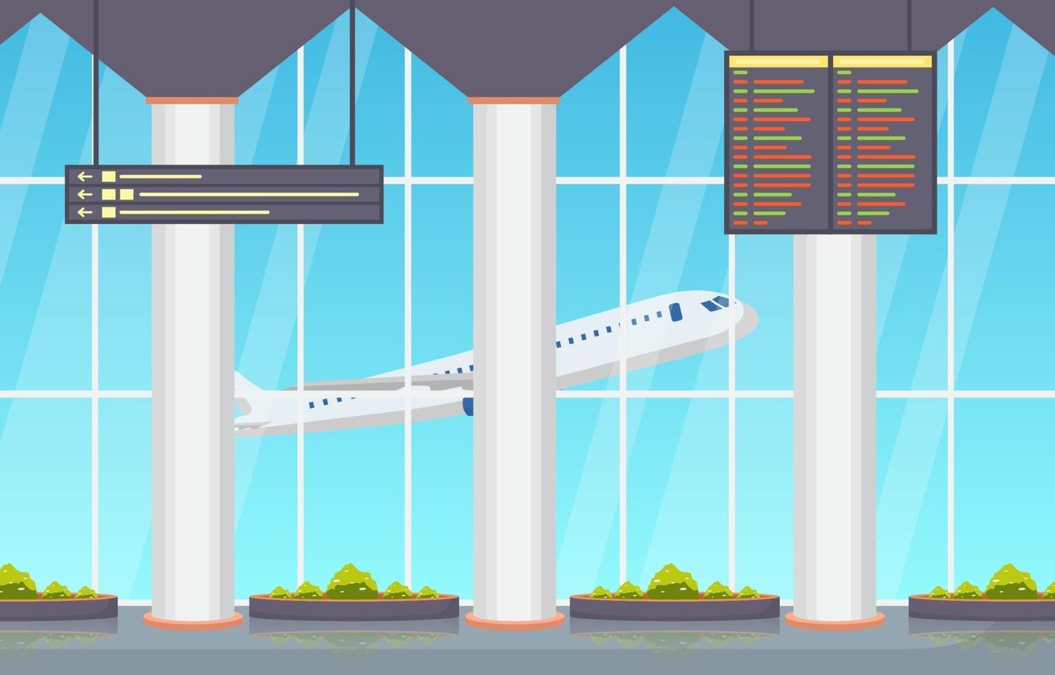 aeropuerto, avión, terminal, puerta, llegada, salida, pasillo, interior, plano, ilustración vector