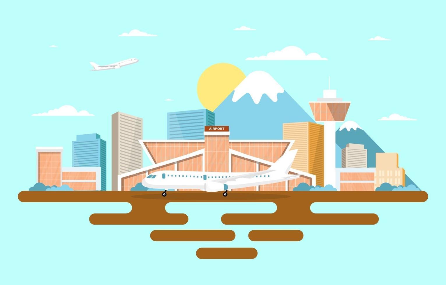 Aircraft Plane in Runway Airport Terminal Building Landscape Skyline Illustration vector