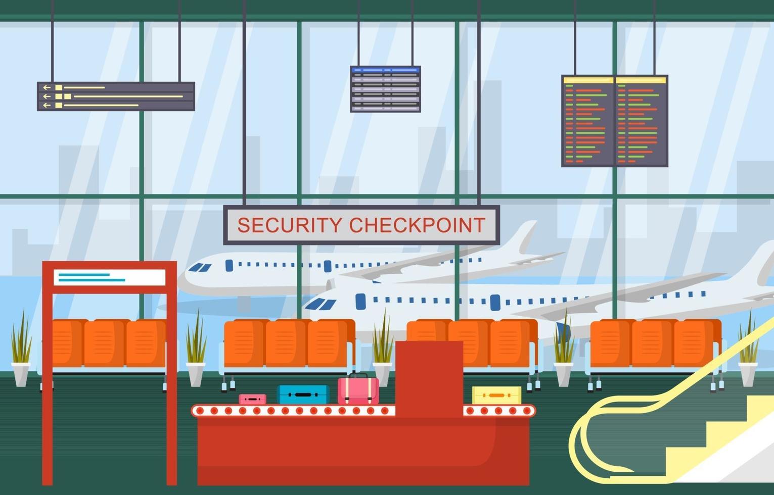 aeropuerto, avión, terminal, puerta, sala de espera, pasillo, interior, plano, ilustración vector