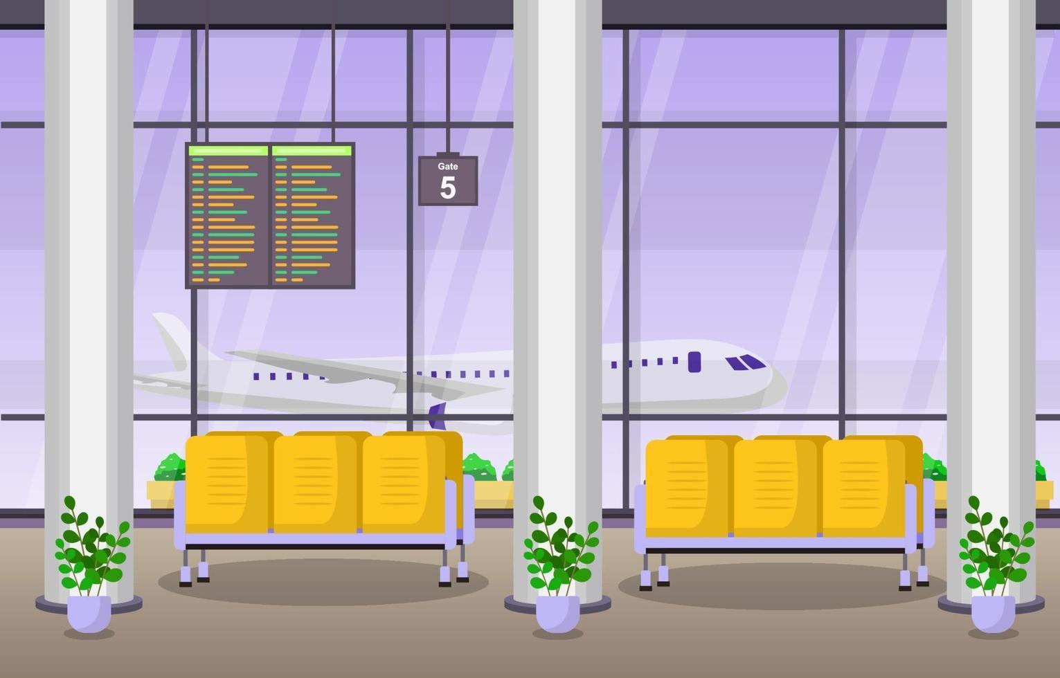 aeropuerto, avión, terminal, puerta, sala de espera, pasillo, interior, plano, ilustración vector