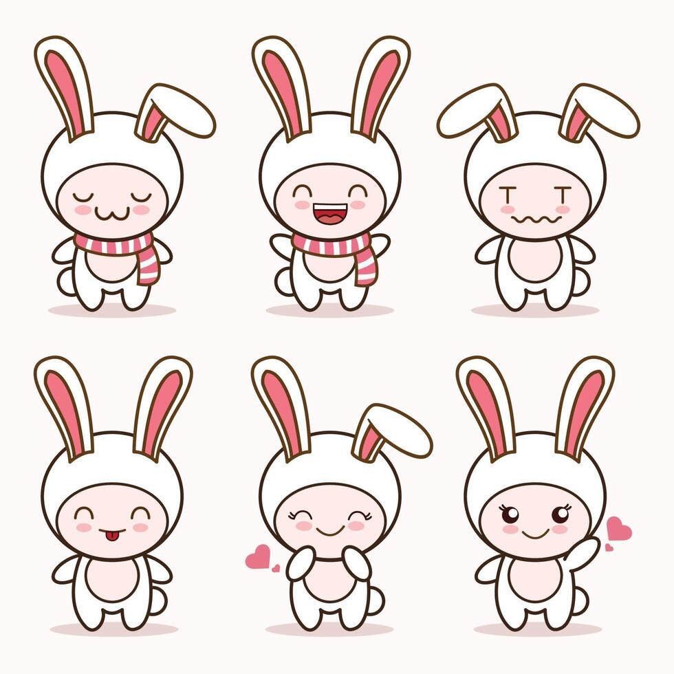 cute bunny rabbit mascot with various kinds of expressions set collection vector