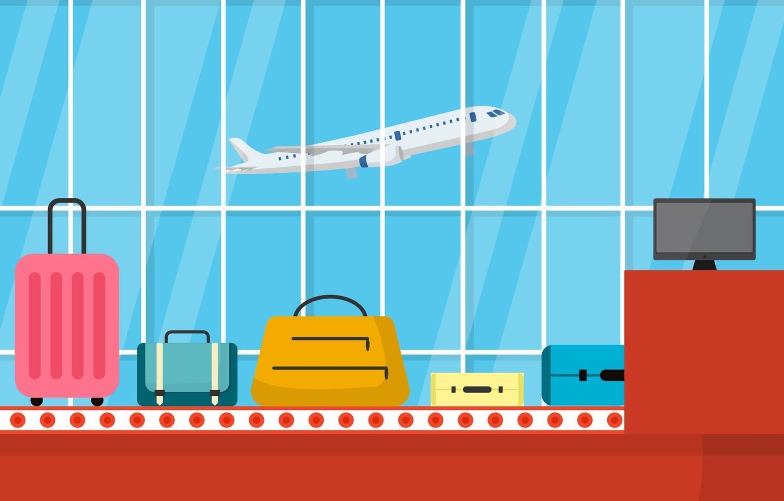 aeropuerto, avión, terminal, puerta, transportador, vestíbulo, llegada, interior, plano, ilustración vector