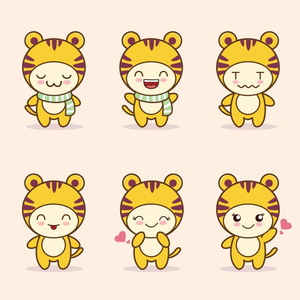 cute tiger mascot with various kinds of expressions set collection vector