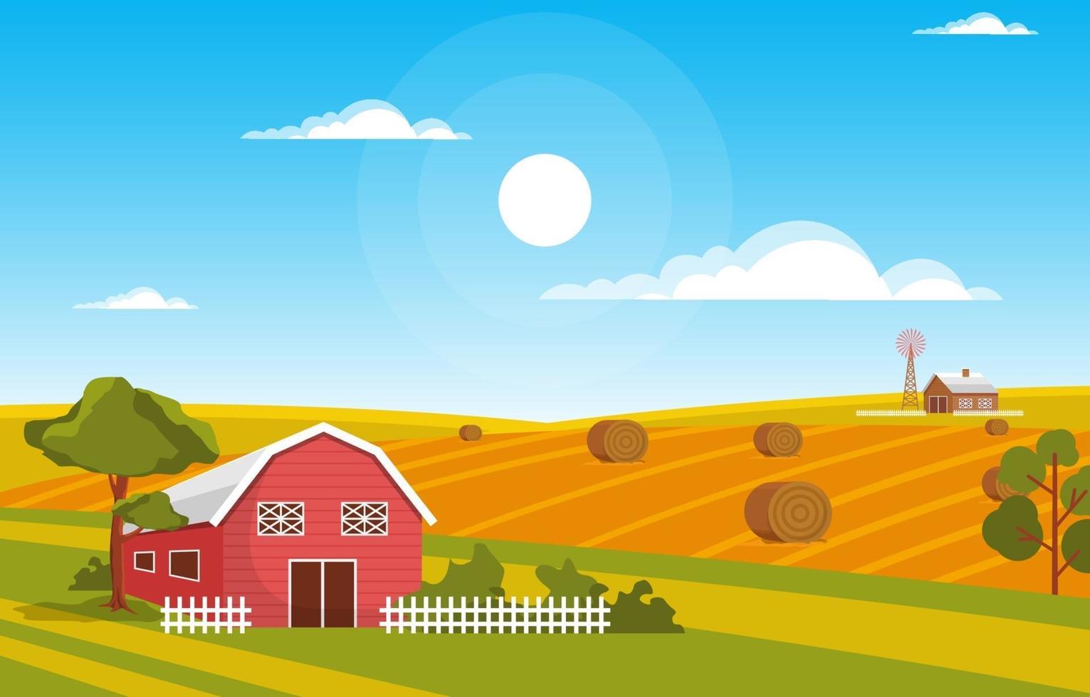 agricultura campo de trigo granja rural naturaleza escena paisaje ilustración vector