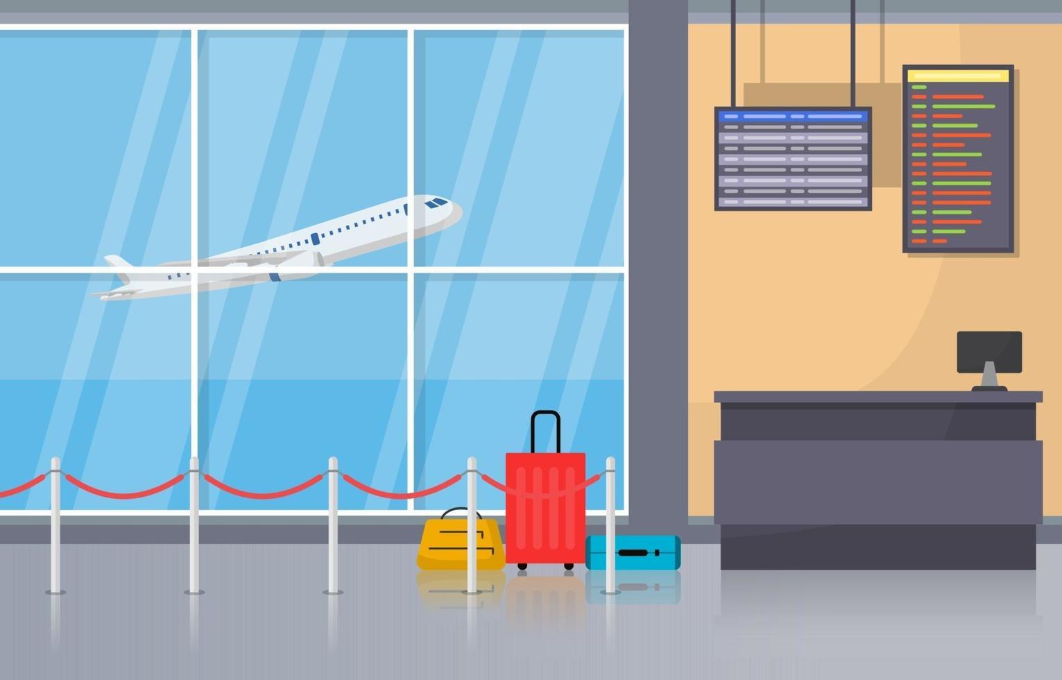 aeropuerto, avión, terminal, puerta, llegada, salida, pasillo, interior, plano, ilustración vector