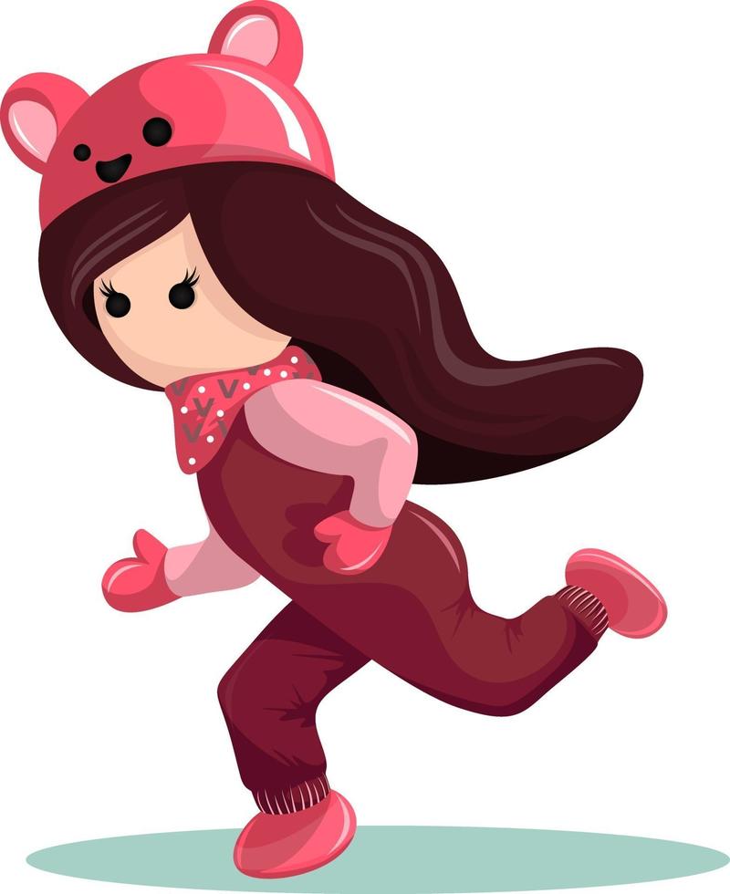 Vector image of a running girl in a hat with a mouse muzzle. Cartoon style.
