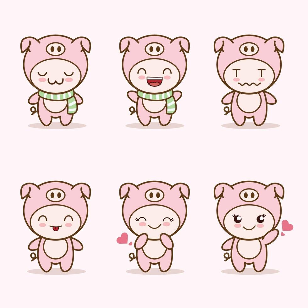 cute pig mascot with various kinds of expressions set collection vector