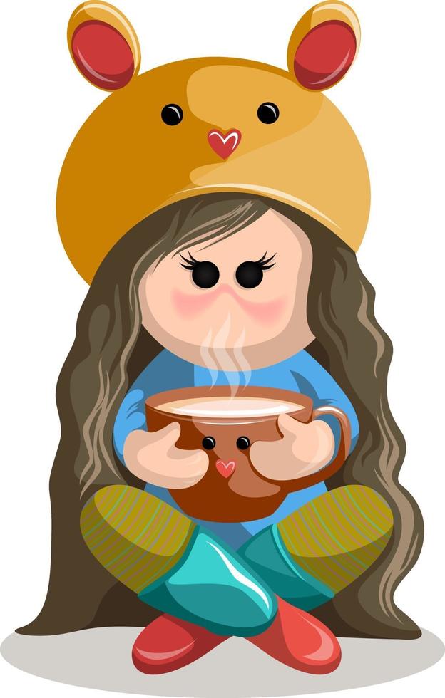 Vector image of a girl in a hat with a little mouse muzzle sitting in Turkish style with a cup. Cartoon style.