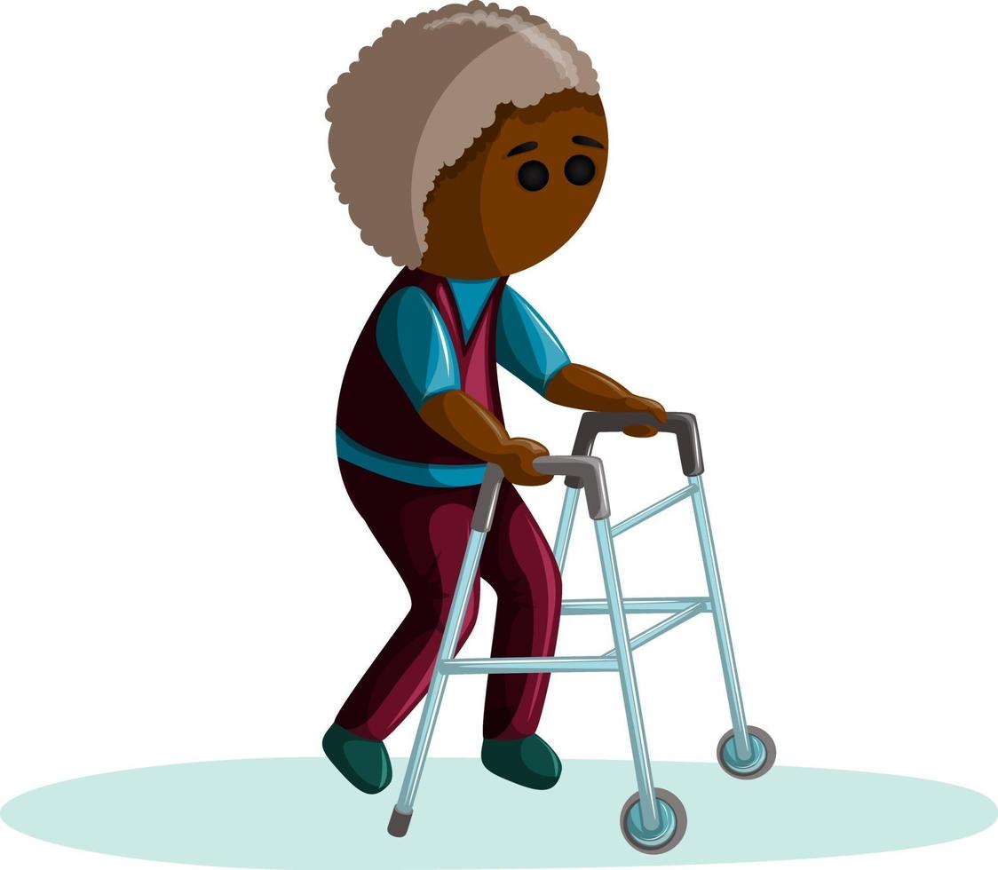 Vector image of an elderly dark-skinned man with diseases of the musculoskeletal system walking with a support