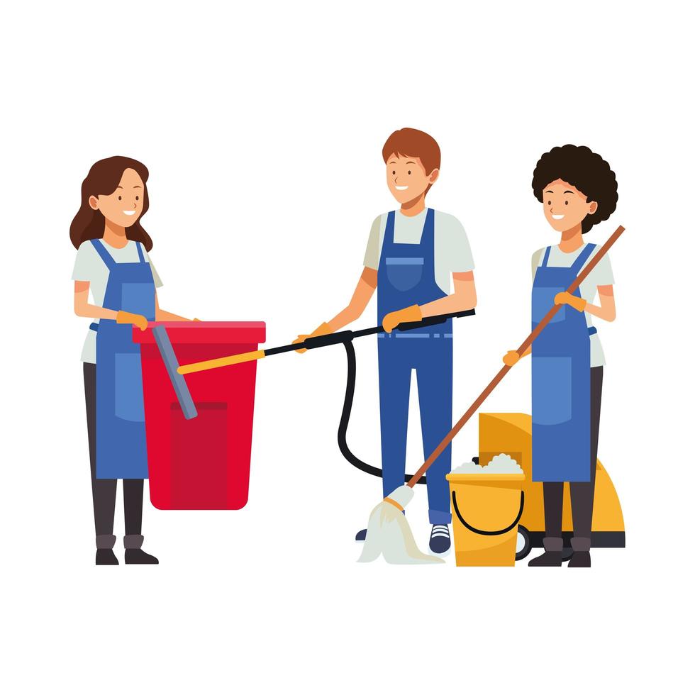 housekeeping team with cleaning equipment vector