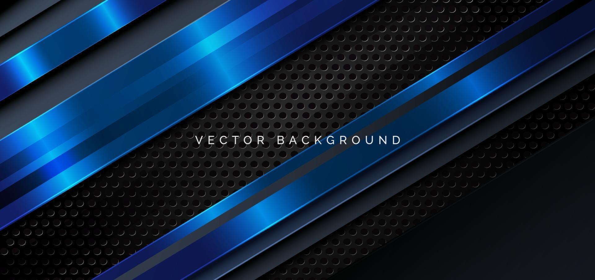 Template diagonal lines blue and dark overlapping layers on black metal background. vector