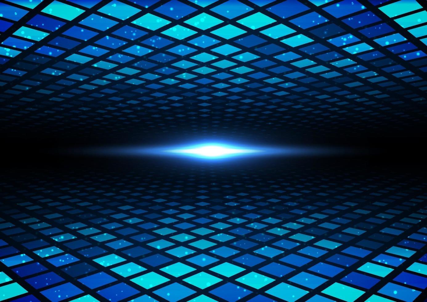 Abstract technology futuristic digital concept square pattern with perspective and lighting glowing particles dots elements on dark blue background. vector