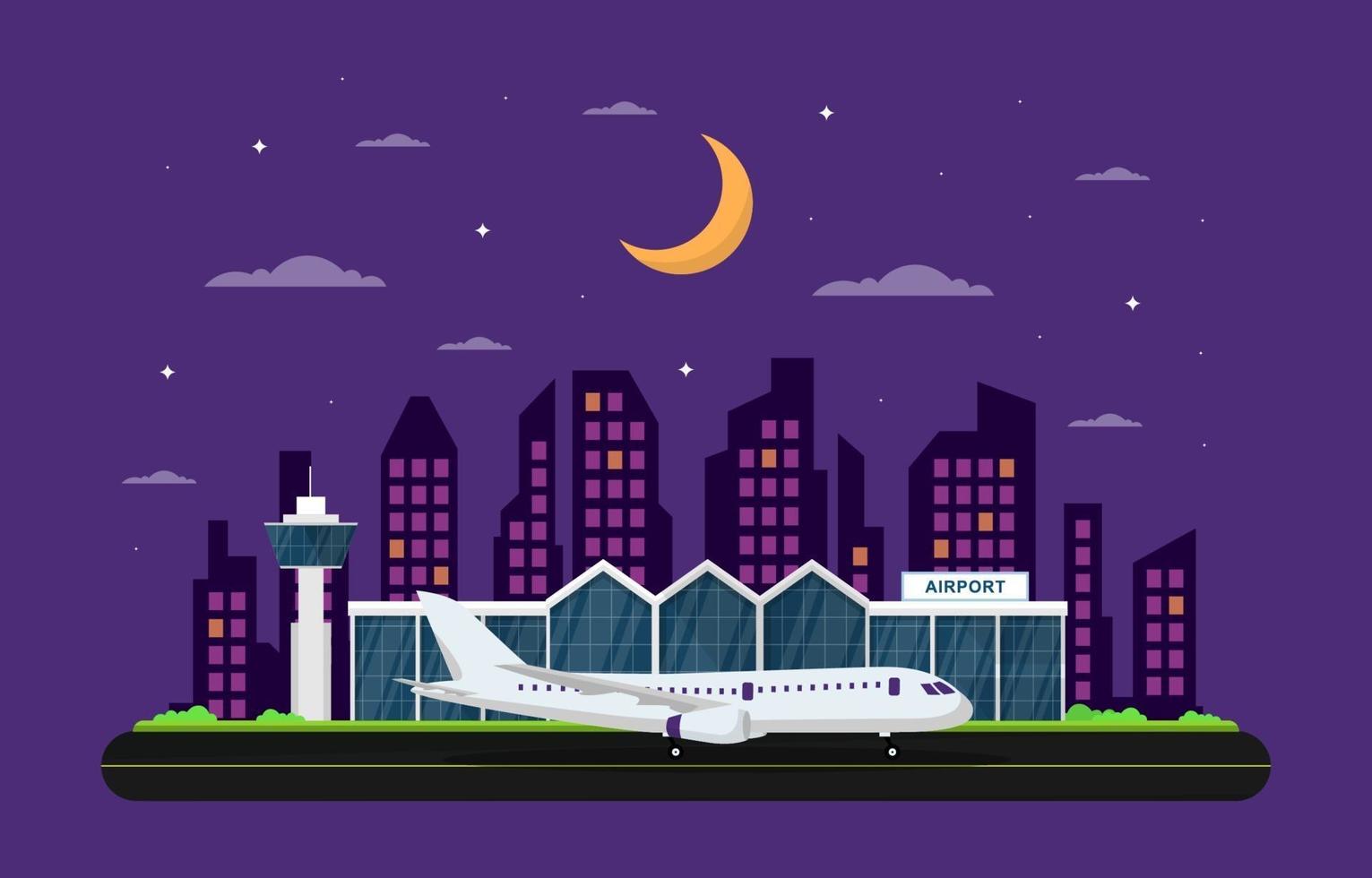 Aircraft Plane in Runway Airport Terminal Building Landscape Skyline Illustration vector