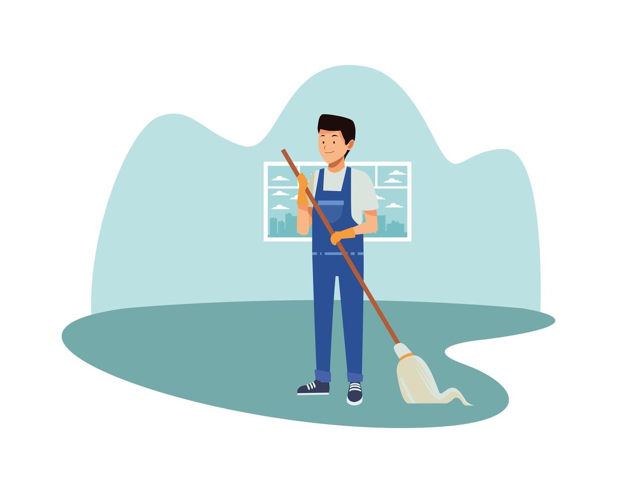 male housekeeping worker with mop vector