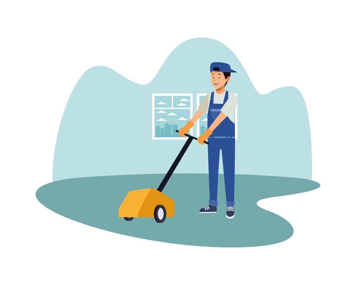 male housekeeping worker with floor polisher vector