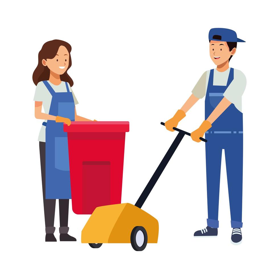 housekeeping workers with waste bin and floor shiner vector