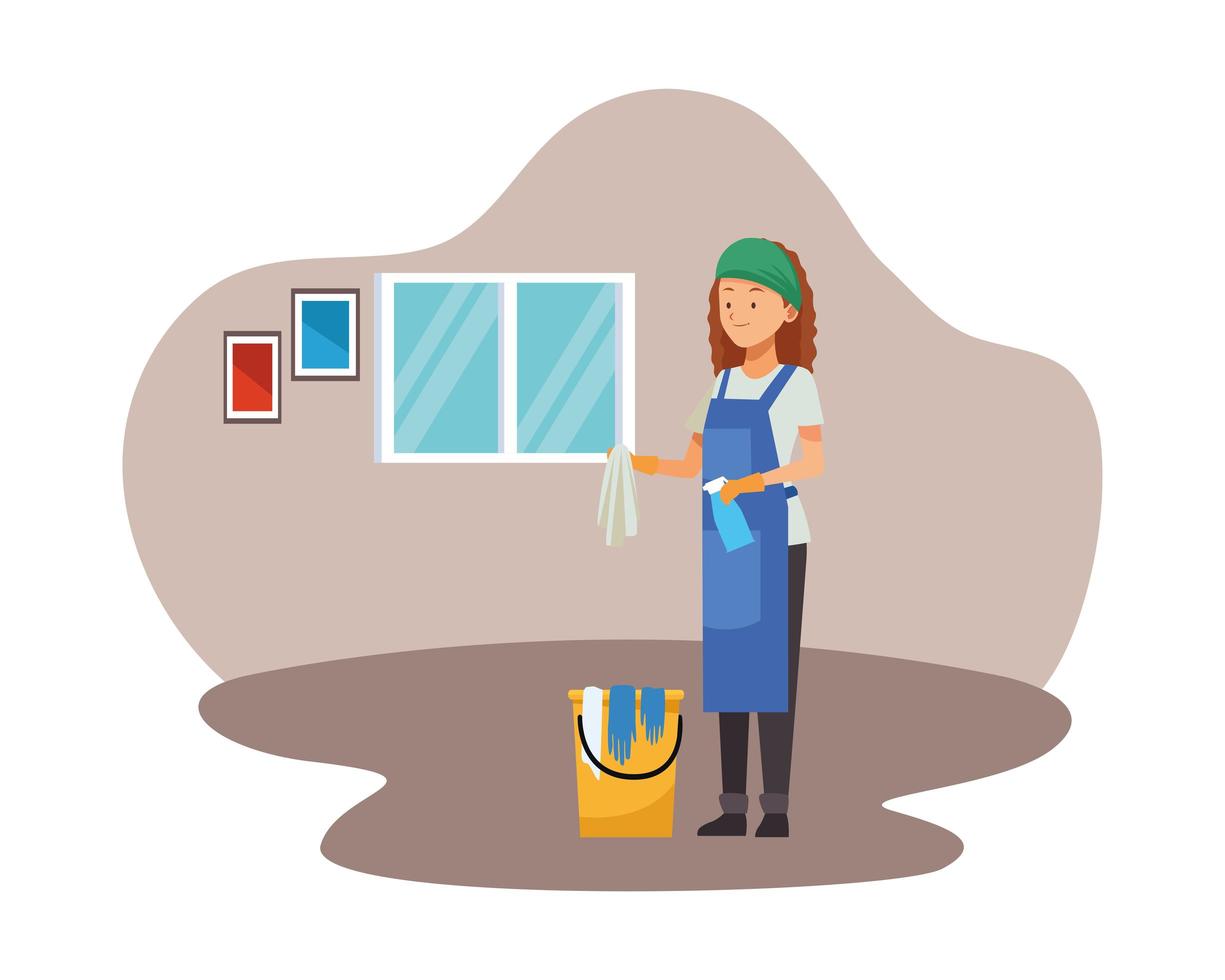 female housekeeping worker with cloths and bucket vector