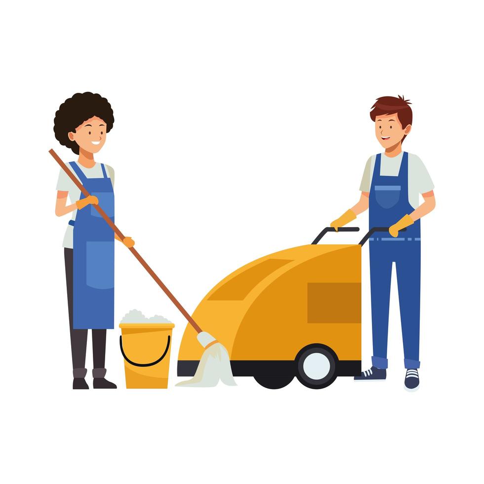 housekeeping workers with mop and cleaner trolley vector