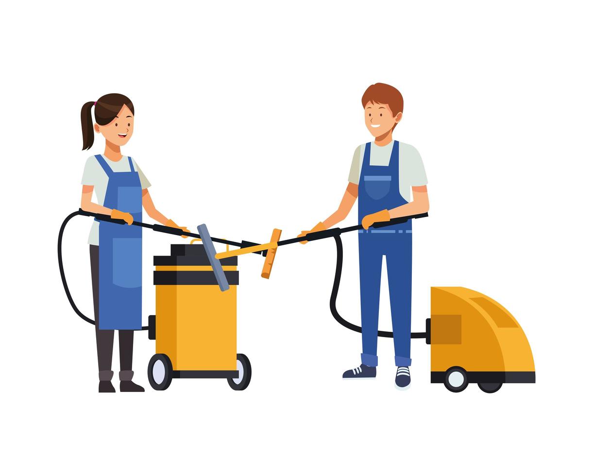 housekeeping workers with vacuum cleaners vector