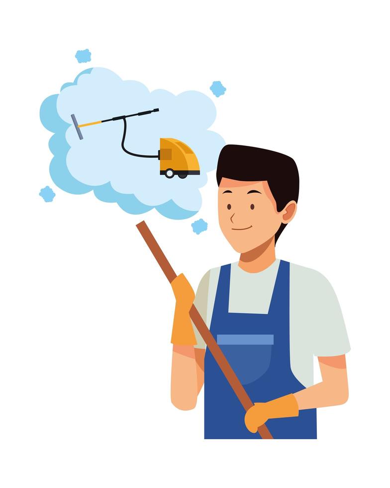 male housekeeping worker with broom thinking of vacuum cleaner vector