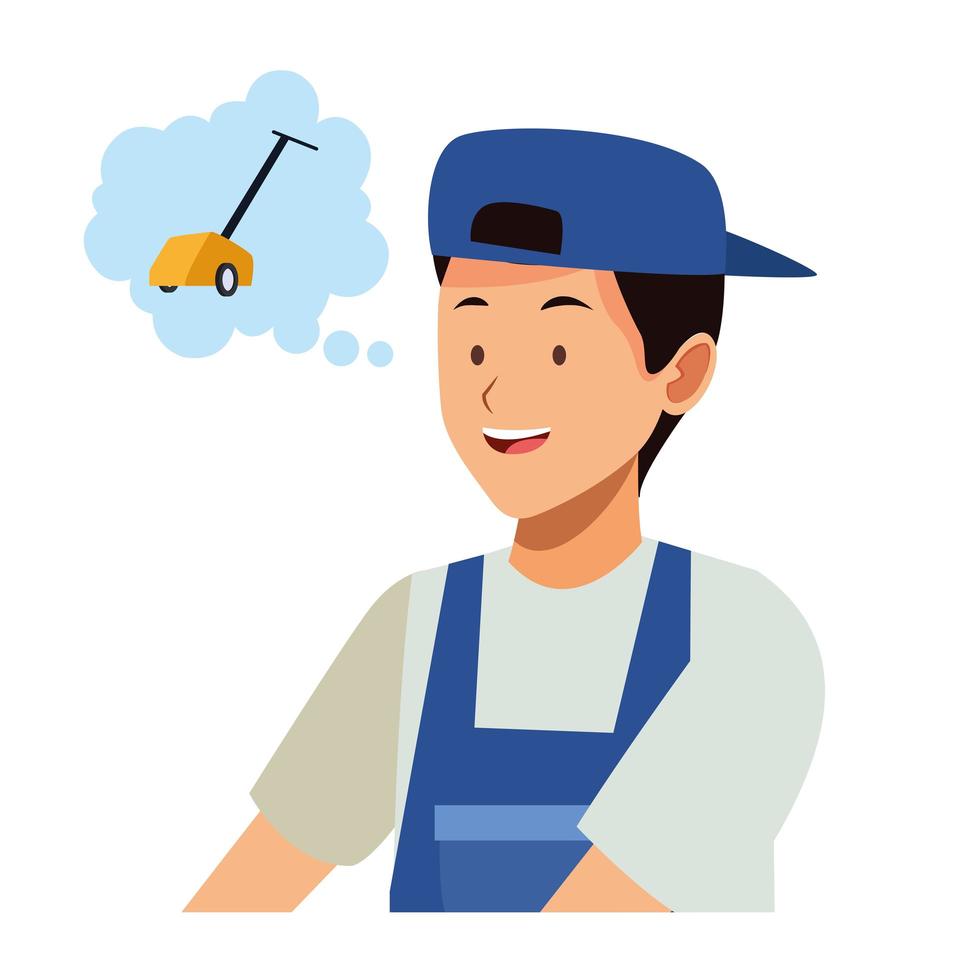 male housekeeping worker thinking of electric floor shiner vector