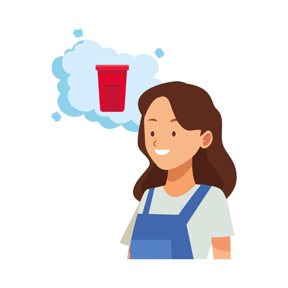 female housekeeping worker thinking of garbage bin vector