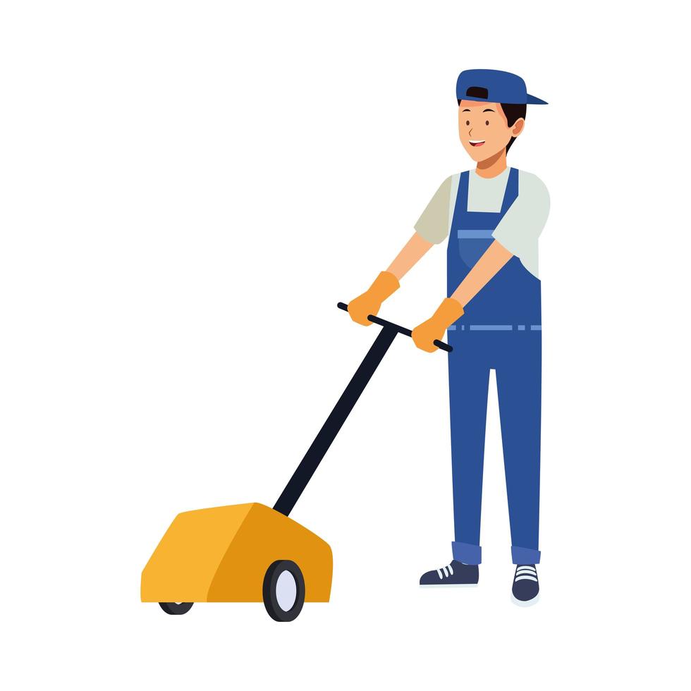 male housekeeping worker with floor polisher vector