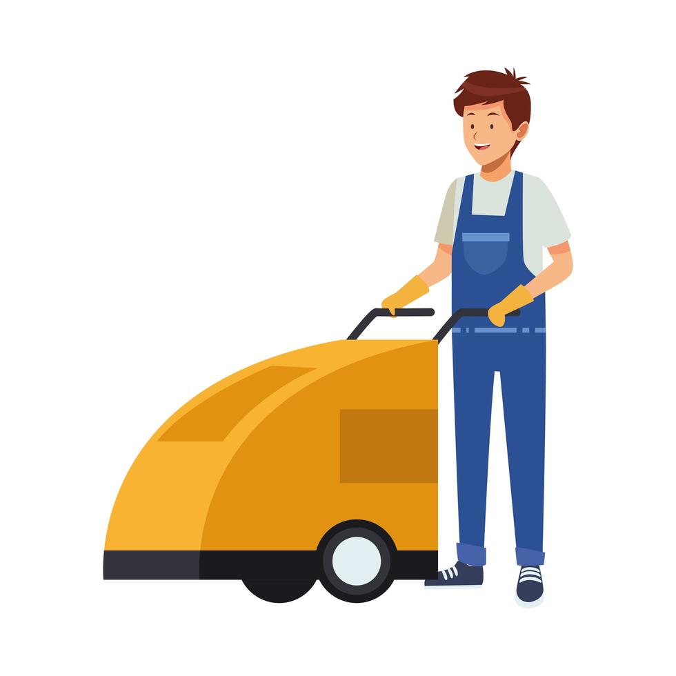male housekeeping worker with floor washer vector