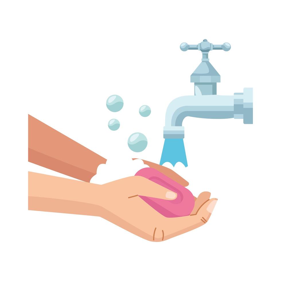 hands washing with soap bar and water tap vector